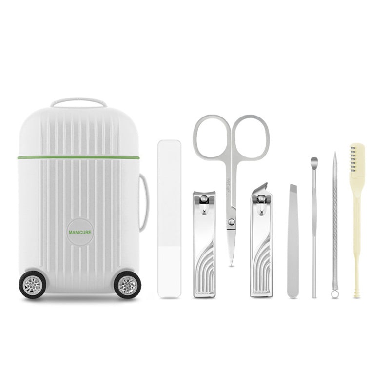 White Mini Suitcase Manicure Set – 8-Piece Portable Grooming & Nail Care Travel Kit