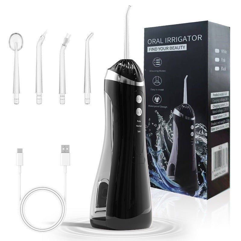 Black Cordless Water Flosser & Oral Irrigator – Portable Teeth Cleaner with 3 Modes & 4 Jet Tips