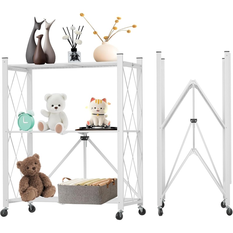 CARLA HOME 3-Tier Foldable Storage Shelf with Wheels for Kitchen, Garage, Pantry or Basement (White)