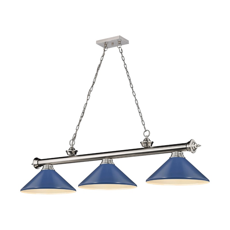 Cordon 3-Light Billiard Brushed Nickel Cone Navy Blue Steel
