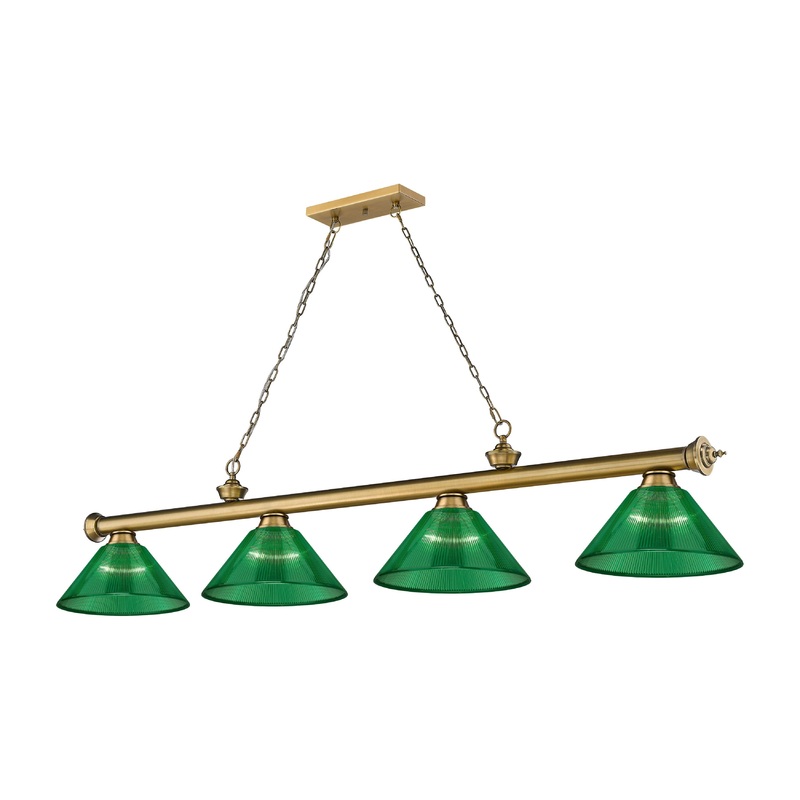 Cordon 4-Light Billiard Rubbed Brass Cone Green Acrylic