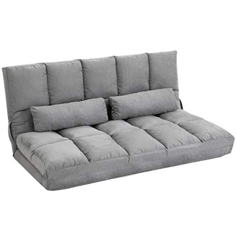 homcom Divano da Terra Pieghevole a Lettino, Schienale Reclinabile su 7 Livelli e Cuscini, 130x73x60cm Grigio Chiaro