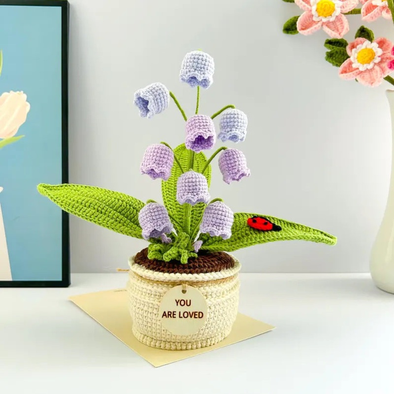 Purple Handmade Crochet Lily of the Valley Potted Plant – Gradient Blue Flower Decor Gift