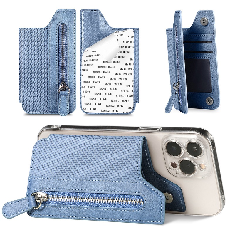 2 Pcs Blue Multifunction Stick-On Phone Wallet – PU Leather Card Holder with Zipper & Flip Cover