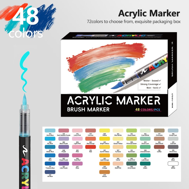 48 Colour Set Vibrant Cyan Acrylic Marker with Soft Brush Tip – 13.8 cm Professional Art Pen
