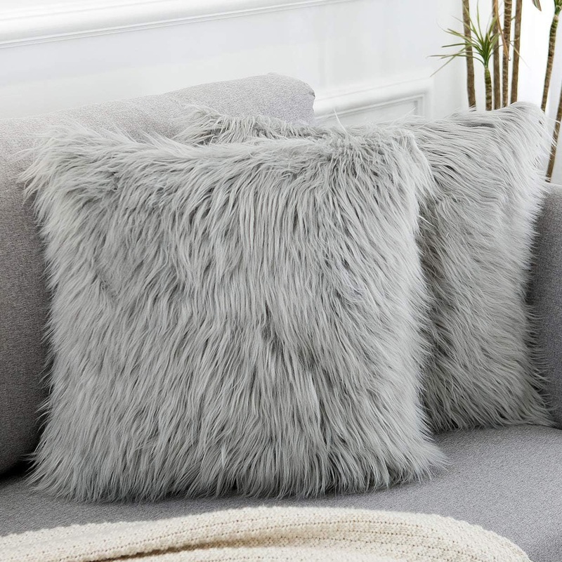 Grey Luxurious Long Faux Fur Cushion Covers – Set of 2, 45x45cm Soft Plush Decorative Pillowcases for Sofa & Bed