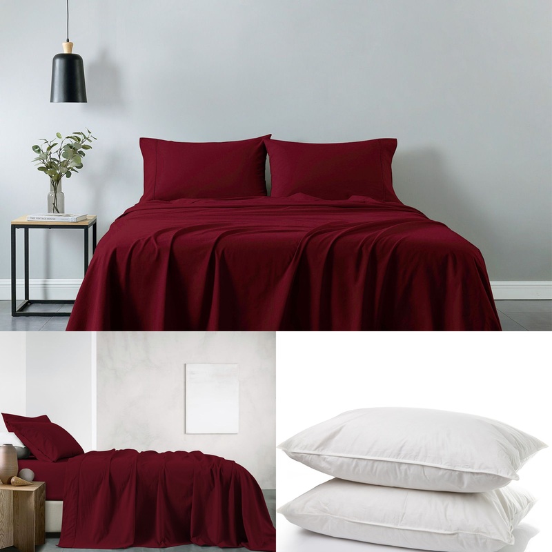 Royal Comfort 100% Cotton Vintage Sheet Set And 2 Duck Feather Down Pillows Set – Single – Mulled Wine