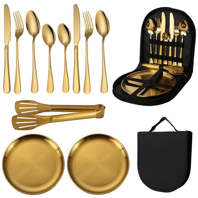6-Piece Portable Stainless Steel Cutlery Set with Plate and Bag – Gold, Great for Camping and Travel (Teaspoon)