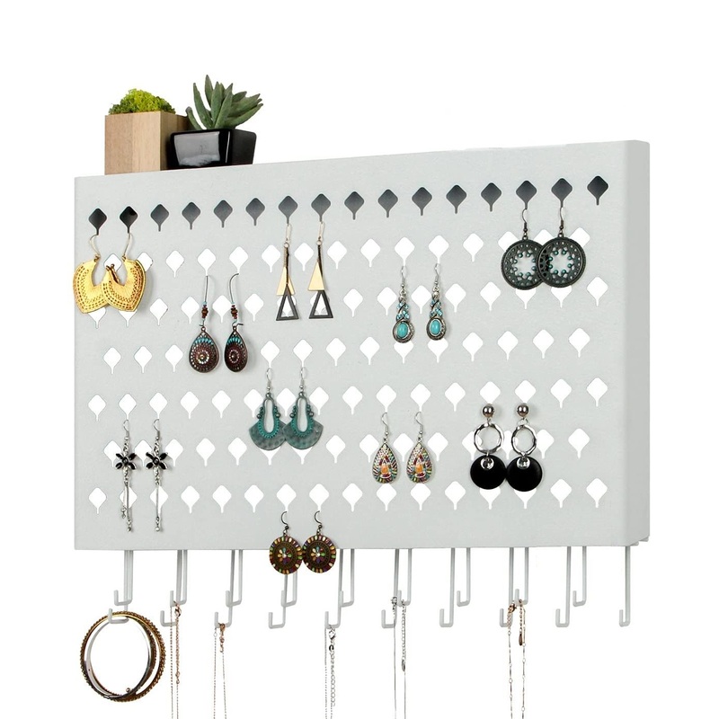 Wall Mount Earring Jewelry Hanger Organizer Holder with 109 Holes and 19 Hooks (White)