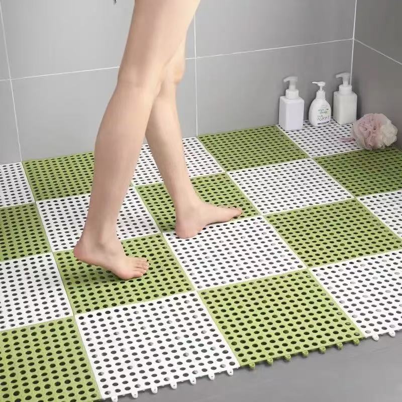White And Green DIY Interlocking Non-Slip Floor Tiles – 12-Pack PVC Drainage Mat for Shower & Bathroom Safety