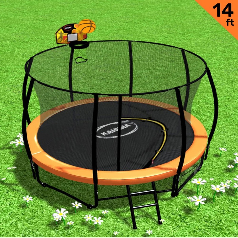 Kahuna 14ft Outdoor Trampoline Kids Children With Safety Enclosure Pad Mat Ladder Basketball Hoop Set – Orange