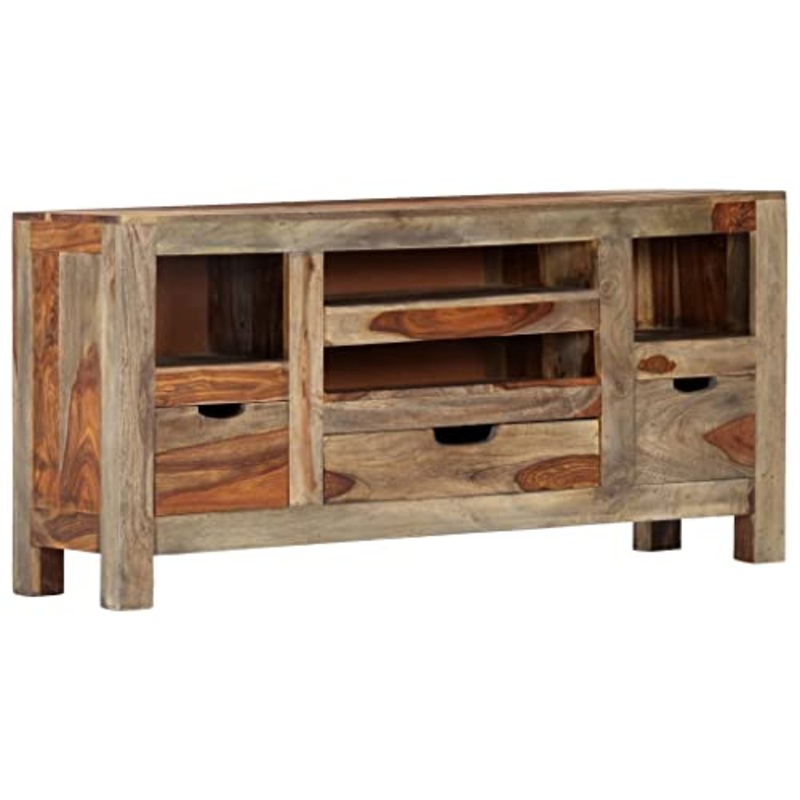 vidaXL Credenza Rustica Robusta 3 Cassetti 4 Vani Lavorata a Mano Armadietto Basso Laccato Colore Naturale Grigia Legno Massello di Sheesham