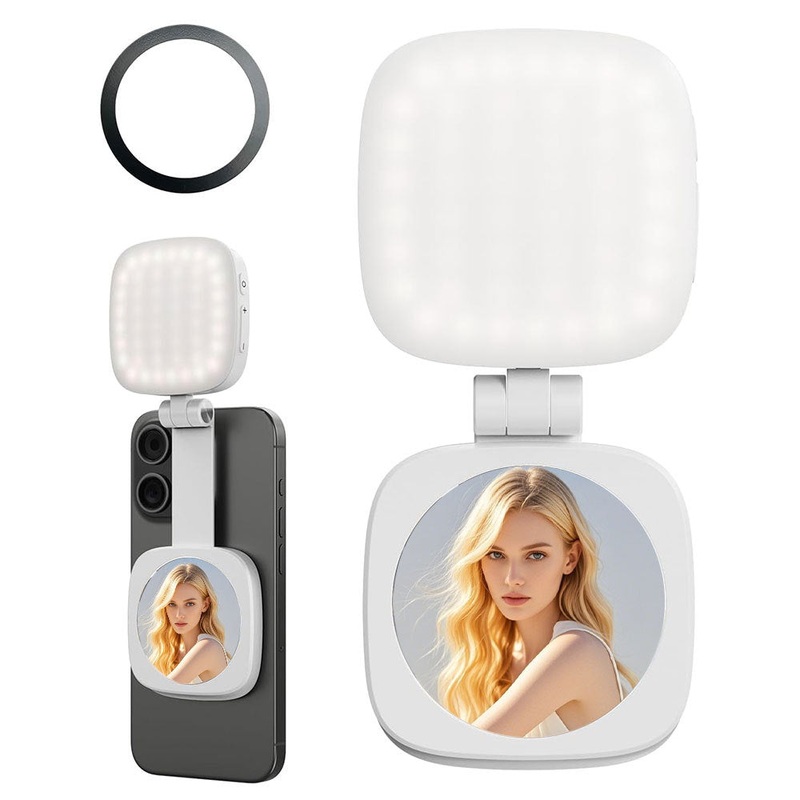White Magnetic Foldable Selfie Light with Mirror – Rechargeable LED Fill Light for iPhone & Android Vlogging(Mobile phone is a shooting prop and is not included)