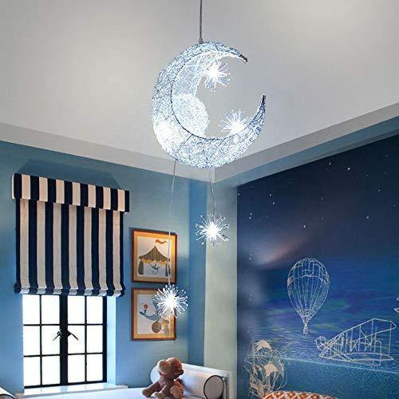 ALLOMN LED Lampada a Sospensione, Plafoniera Fata Lampada Luna e Stelle Lampada a Sospensione Camera da Letto Lampadario Grande Regalo per Bambino Amico (Bianco Freddo)