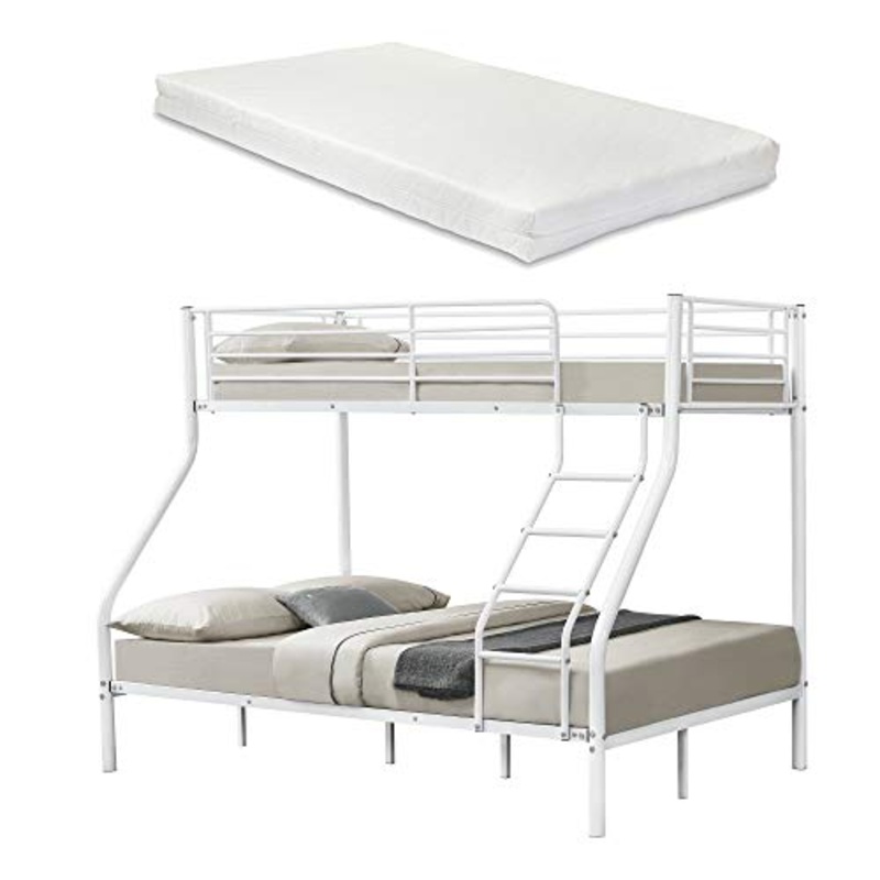 [neu.haus] Letto a Castello Metallo 2 Materassi a Schiuma Fredda Barriera anticaduta 200cm x 140/90cm Letto per Bambini Bianco