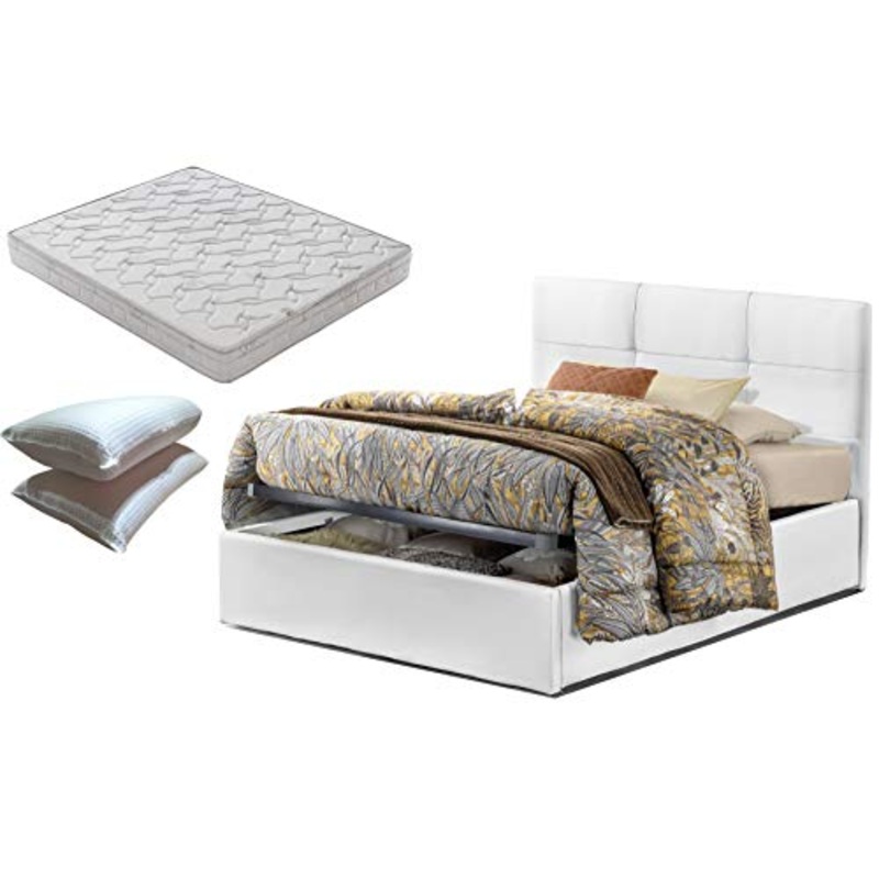 SARDAMATERASSI-Letto piazza e mezza con box contenitore bianco Touch + materasso misura 120×190 cm memory foam+coppia guanciali in fibra 3D