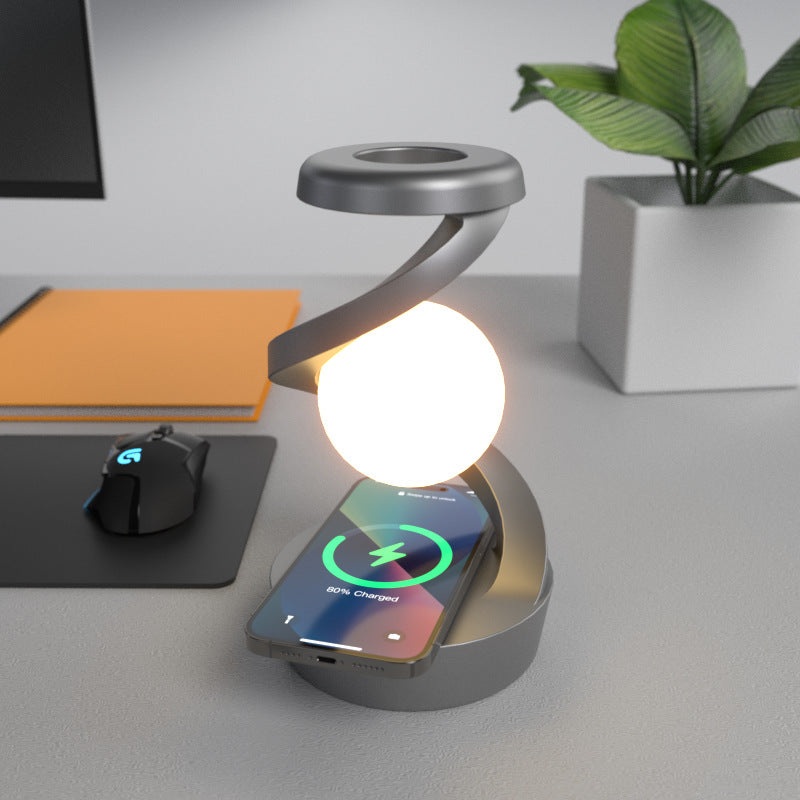 Grey-Black Modern Levitating LED Desk Lamp with Wireless Phone Charger – Spiral Design Atmosphere Light