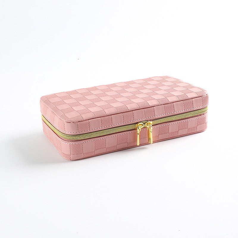 Pink Stylish PU Leather Travel Jewellery Box – Compact Organizer for Rings, Earrings, Necklaces with Mirror
