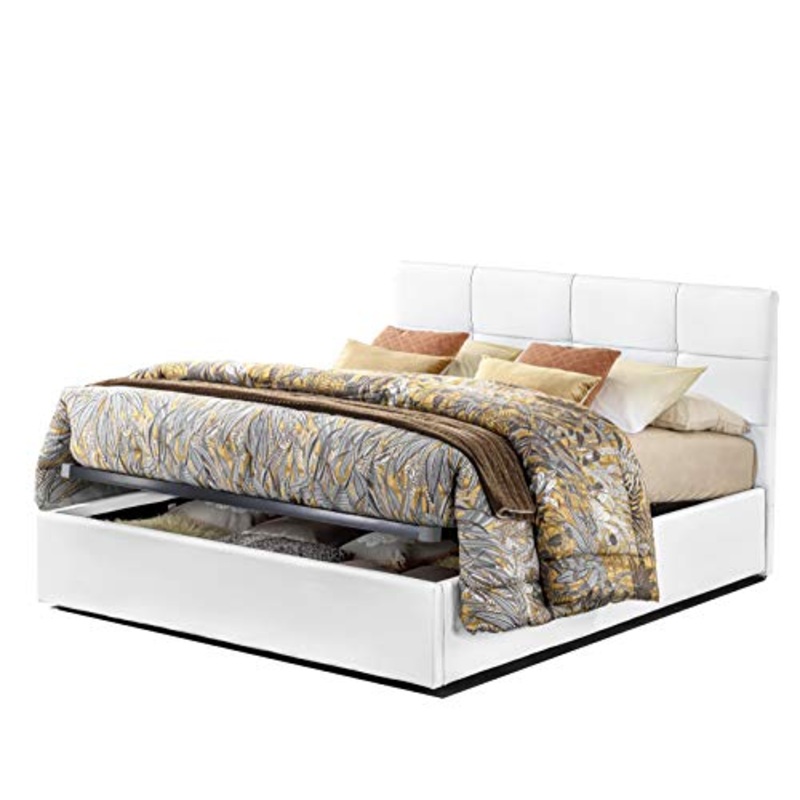 SARDAMATERASSI – Letto 1 piazza e mezza con box contenitore elegante e moderno similpelle bianco incluse doghe in legno di faggio