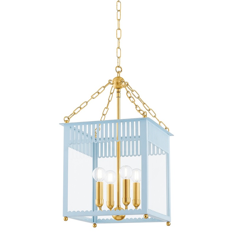 Four Light Lantern from the Rosalie Collection in Aged Brass/Soft Arctic Blue Finish by Mitzi