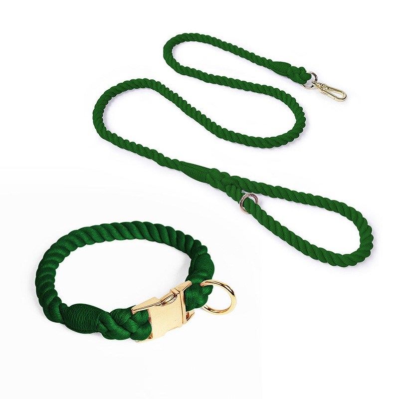 Handmade Gradient Rope Dog Collar & Leash Set – Colorful Braided Cotton (Dark green – Size S)