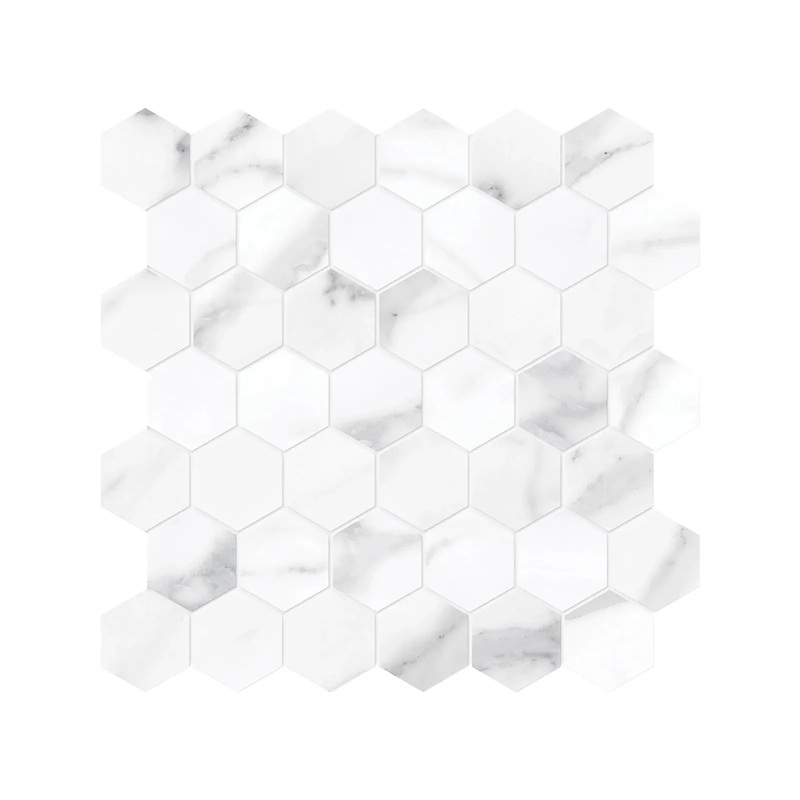 La Marca 2 Inch Hexagon Statuario Honed Porcelain Mosaics. 1 Sheet = .96 Sq. Ft. Nuovo 2″