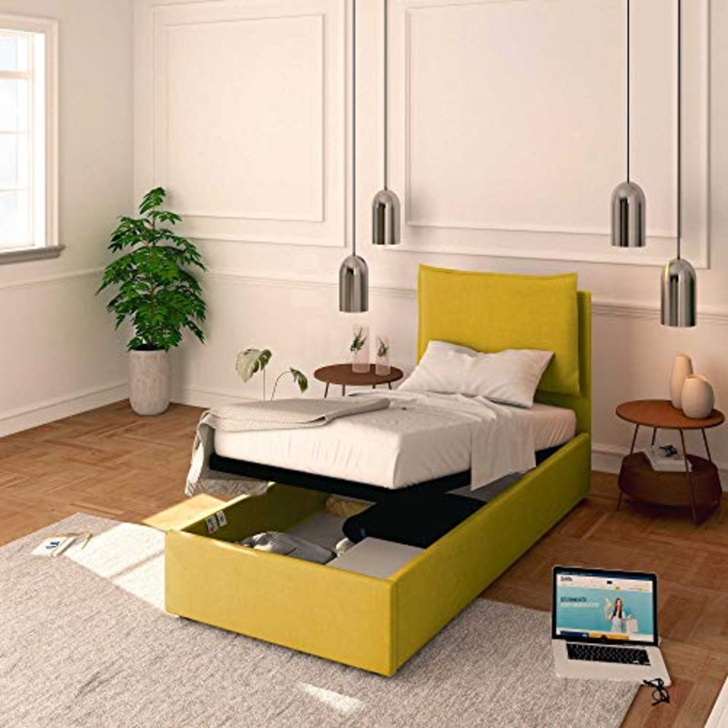 Baldiflex Letto Singolo con Contenitore Modello Licia in Tessuto, Rete a Doghe, per Materassi Singoli 80×190 cm, Testiera Finemente Imbottita, colore Melon