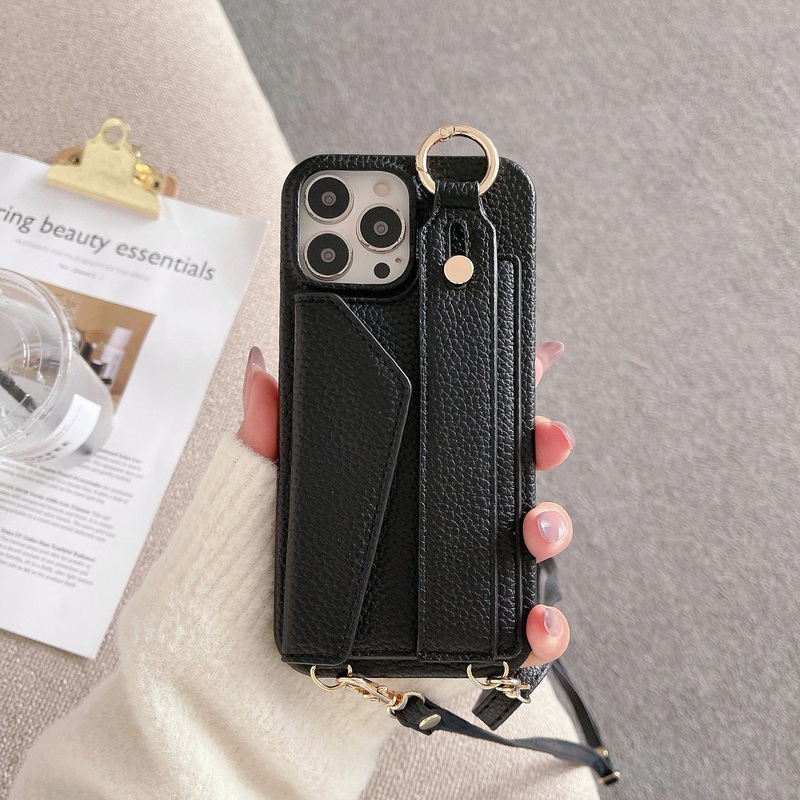 Black Chic PU Leather Crossbody Wallet Case for iPhone 16 Pro – Card Holder with Detachable Strap & Finger Ring Grip