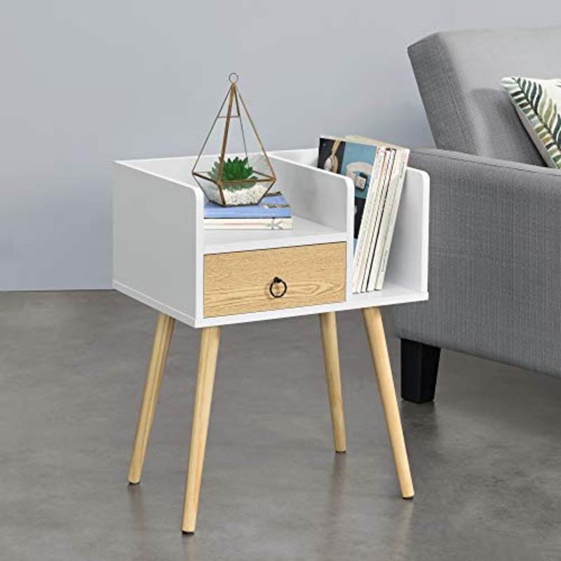 [en.casa] Comodino con Cassetto e 2 Scompartimenti 64 x 50 x 36 cm Portaoggetti Tavolino da Salotto – Bianco