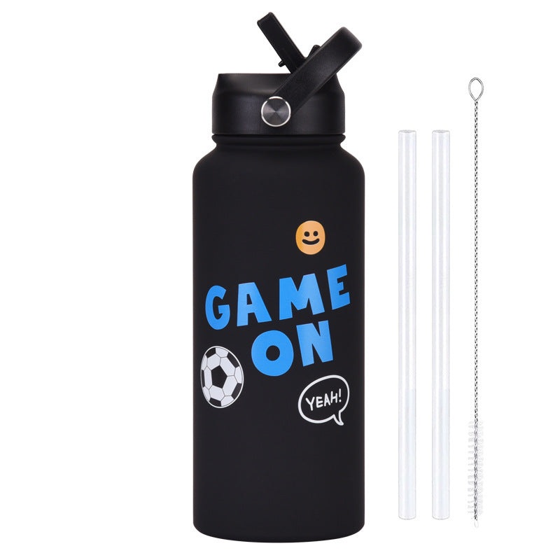 Style 9B Black Vibrant Fun Print 1L Stainless Steel Insulated Water Bottle – 32oz Large Capacity with Straw Lid & Carry Handle – BPA-Free