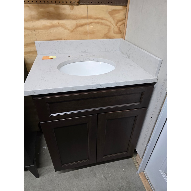 28″ Dark Wood Corner Vanity with Custom Marble Top
