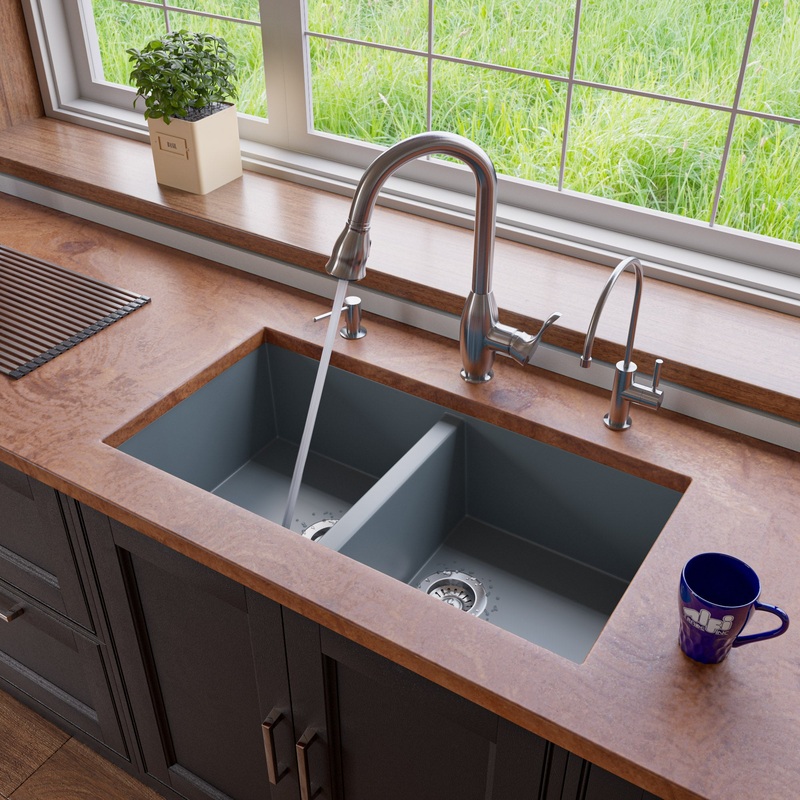 ALFI brand AB3420UM-T Titanium 34″ Undermount Double Bowl Granite Composite Kitchen Sink