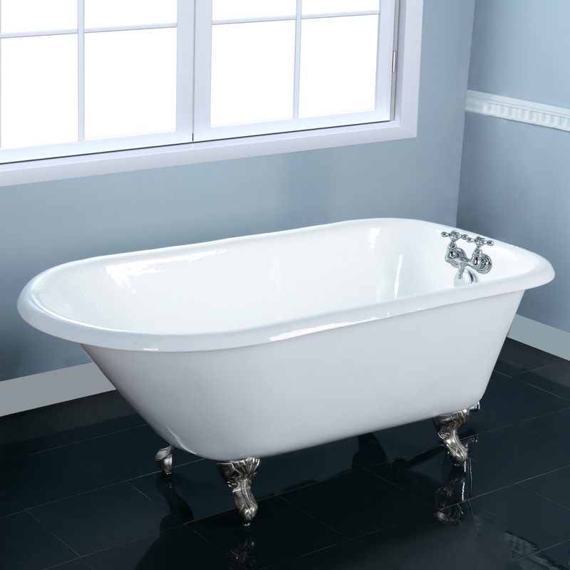 Aqua Eden VCT3D663019NT8 66-Inch Cast Iron Roll Top Clawfoot Tub with 3-3/8 Inch Wall Drillings, White/Brushed Nickel
