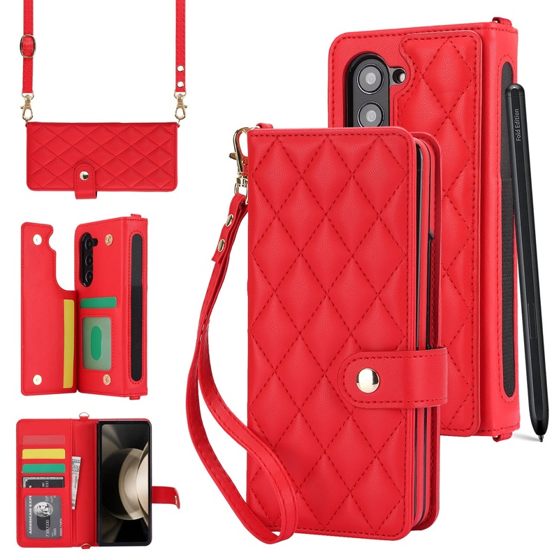Galaxy Z Fold3 Multi-Functional Leather Wallet Case for Samsung Z Fold Series – Crossbody with Pen Slot, Quilted Design