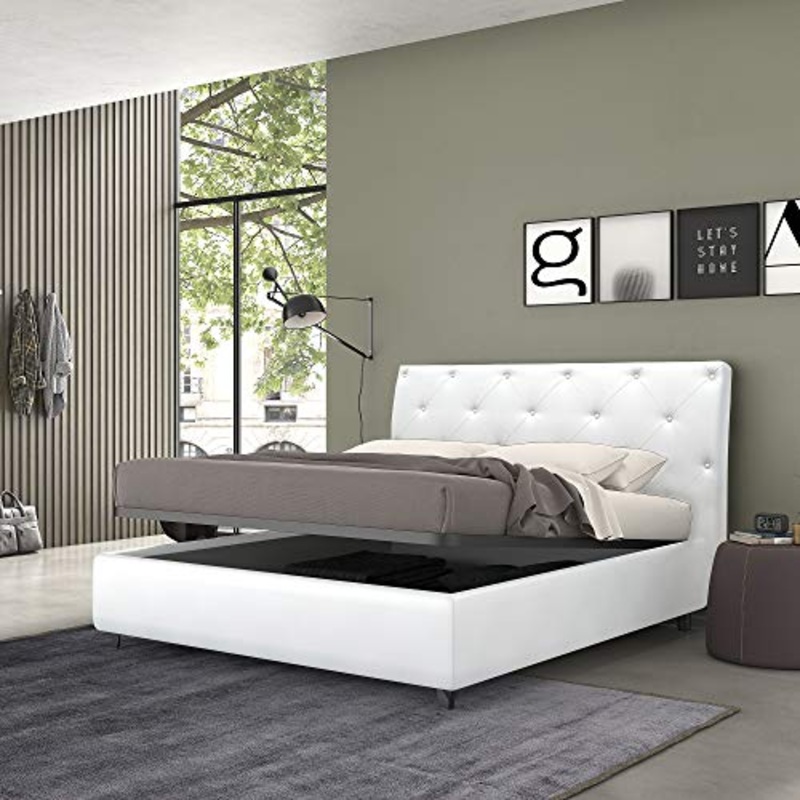 Talamo Italia Letto contenitore matrimoniale Mozart, Made in Italy, Struttura in ecopelle imbottita, Adatto a materasso 160×190 cm, Bianco