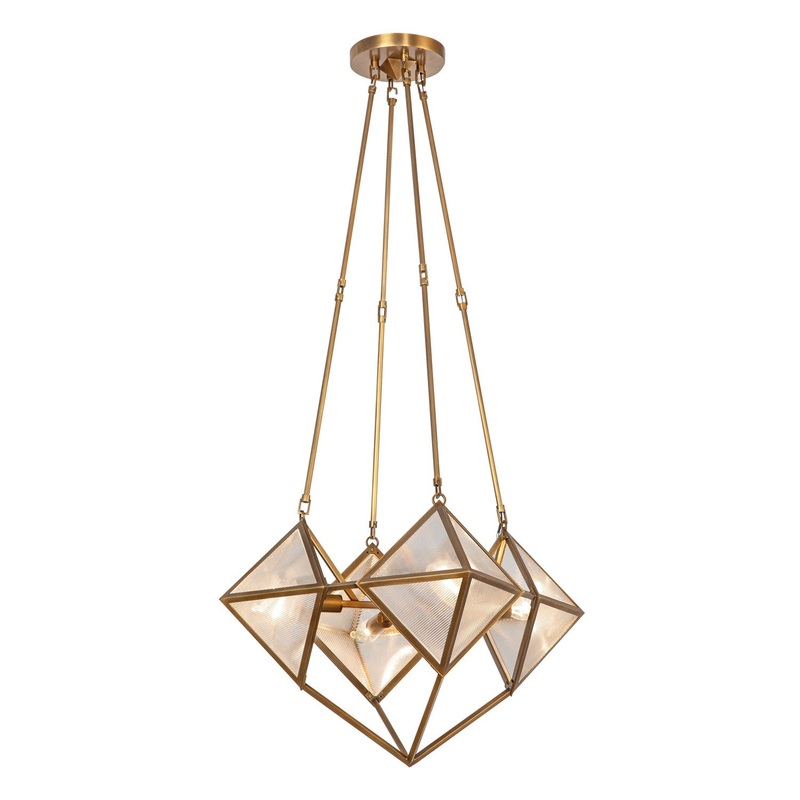 Four Light Chandelier from the Cairo Collection in Vintage Brass/Clear Ribbed Glass Finish by Alora