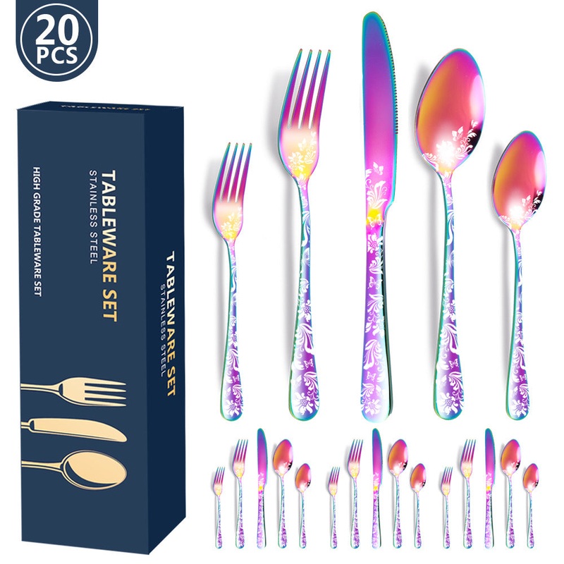 Multicolor Elegant 20-Piece Stainless Steel Cutlery Set with Floral Design – Dinner & Steak Knives, Forks, Spoons