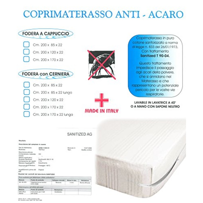 COPRIMATERASSO ANTIACARO CON CERNIERA 1 PIAZZA E MEZZA