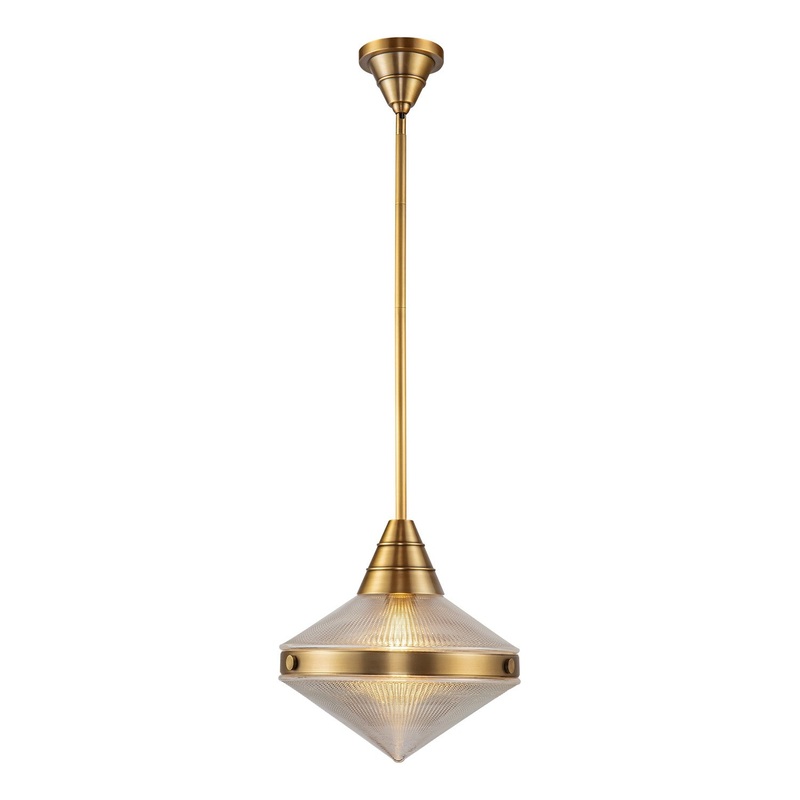 One Light Pendant from the Willard Collection in Vintage Brass/Clear Prismatic Glass Finish by Alora
