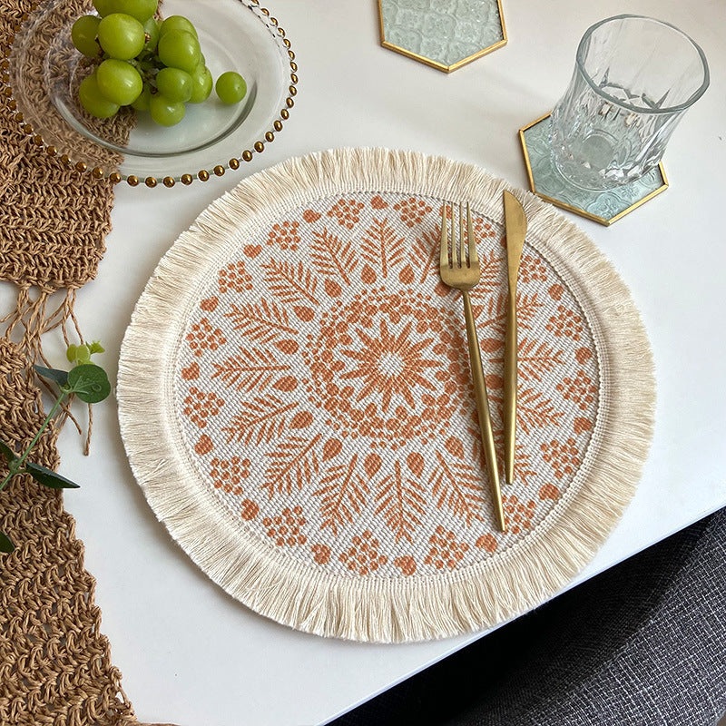 4 Pcs Beige and Orange Boho Chic Woven Cotton Placemat with Tassels – Nordic Bohemian Style(Tableware is a prop for shooting and is not included)