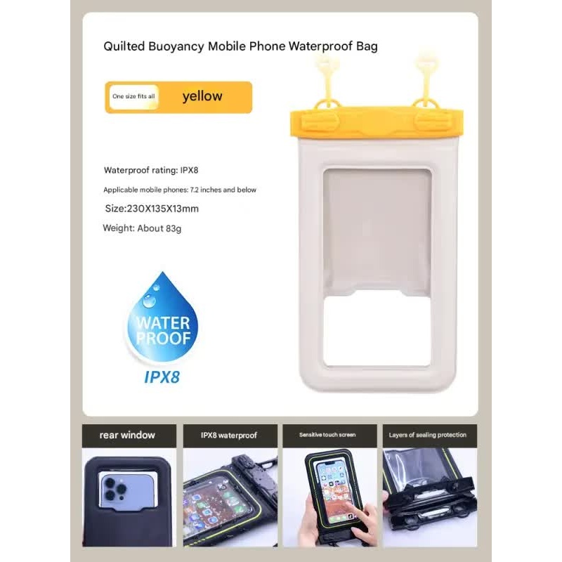 IPX8 Waterproof Phone Pouch with Inflatable Floating Layer,Touchscreen Dry Bag for Swimming(yellow)