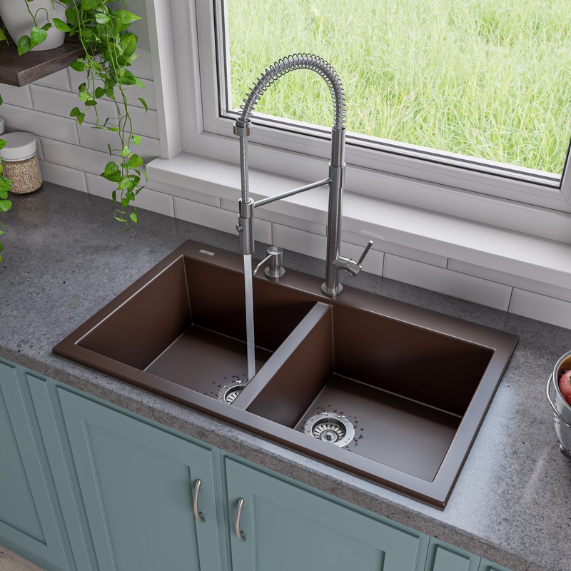 ALFI brand AB3420DI-C Chocolate 34″ Drop-In Double Bowl Granite Composite Kitchen Sink