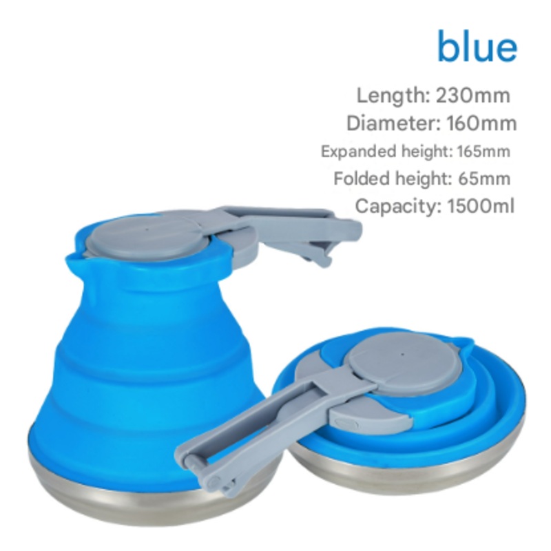 Blue 1.5L Collapsible Silicone Camping Kettle – Portable Foldable Travel Water Boiler, Stainless Steel Base
