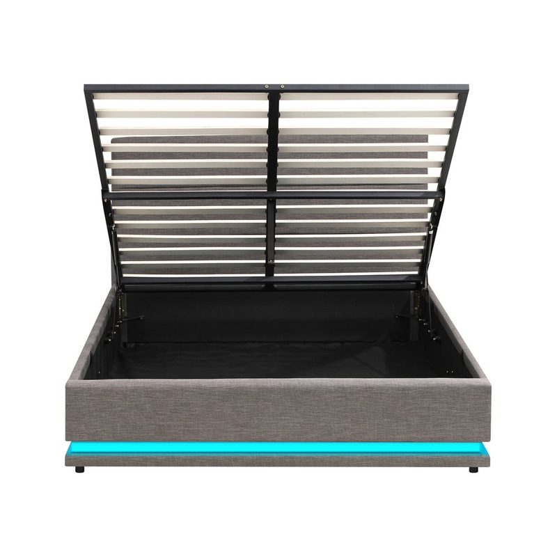 Double Bed Frame with Gas Lift LED Storage Space Grey