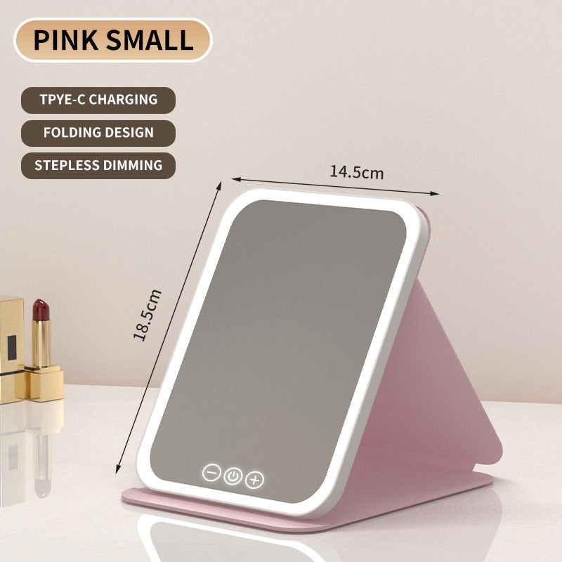 Pink Small Foldable LED Makeup Mirror – Portable Desktop Vanity with 3 Color Lights, Stepless Dimming & Adjustable Stand