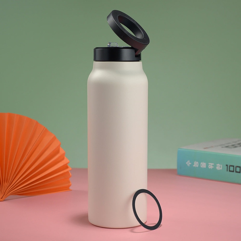 Stainless Steel Insulated Water Bottle with Integrated Magnetic Phone Stand – Beige (24oz)