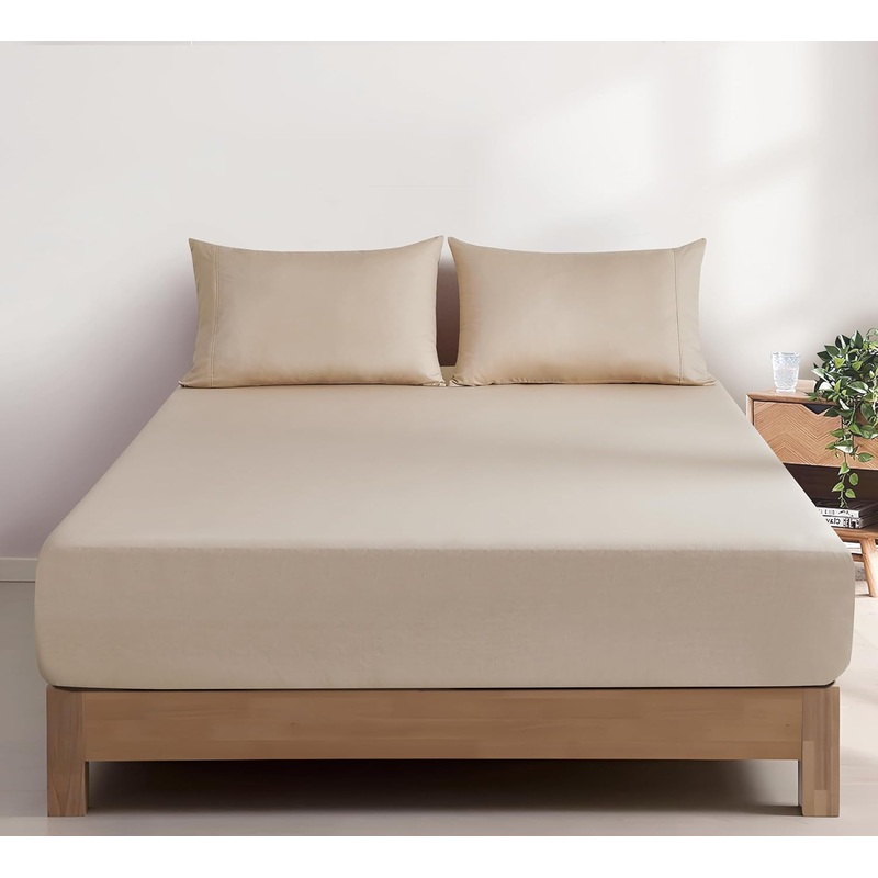 100% Vintage Washed Cotton Fitted Sheet Combo Set  100% Natural Cotton, Ultra Soft & Breathable  Includes Fitted Sheet & Pillowcases  Machine Washable (Natural, King)