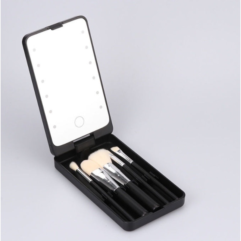 2-Piece Black Portable LED Makeup Mirror with Brush – Foldable, Rotatable, and Rechargeable Travel Vanity Mirror
