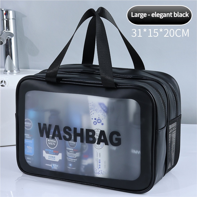2PCS Dual-Layer Transparent PU Cosmetic Pouch – Wet and Dry Separation, Large size(31*15*20cm)- Black