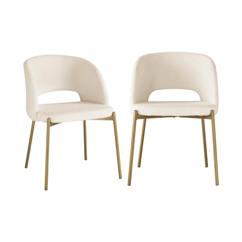 Dining Chair Set of 2 Sherpa White and Gold